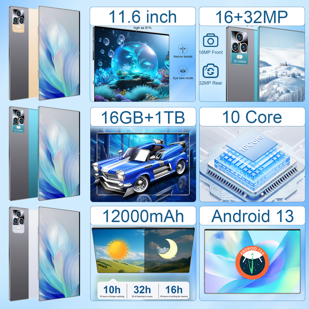 EU Warehouse Stock 16GB+1TB Smart Tablet  11.6inch 16MP+32MP for Business Tablet Pc