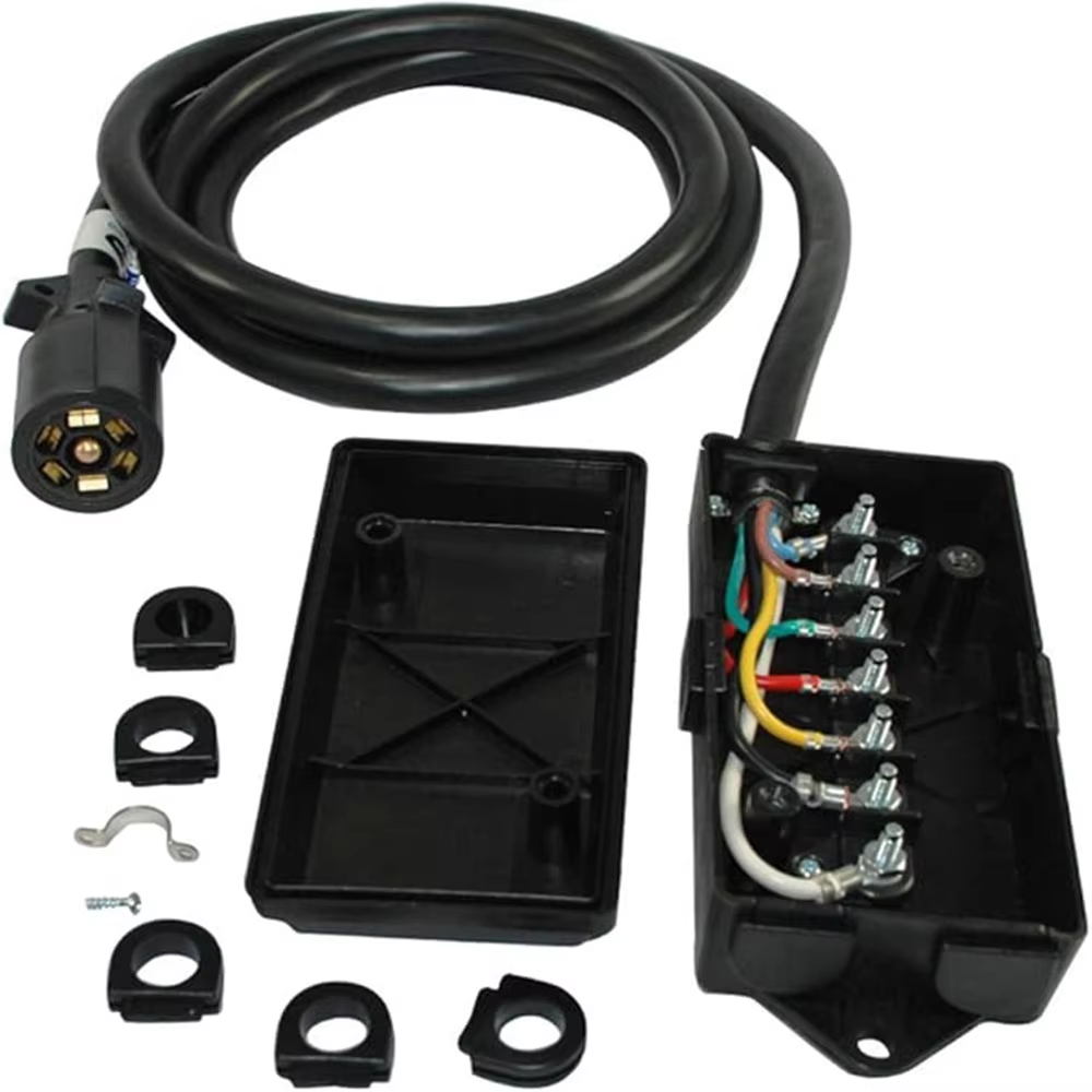 7 Way Trailer Plug Cord with 7 Gang Junction Box | 8FT Heavy Duty Wiring Harness for RV Truck Camper