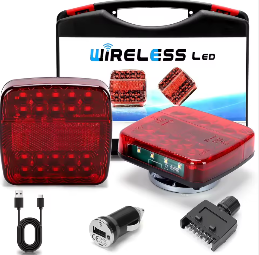 12-24V Wireless LED Trailer Lights - Stop/Tail/Indicator/Reflector/License - IP67 Waterproof with E-Mark Certification (7-Pin Flat Plug)
