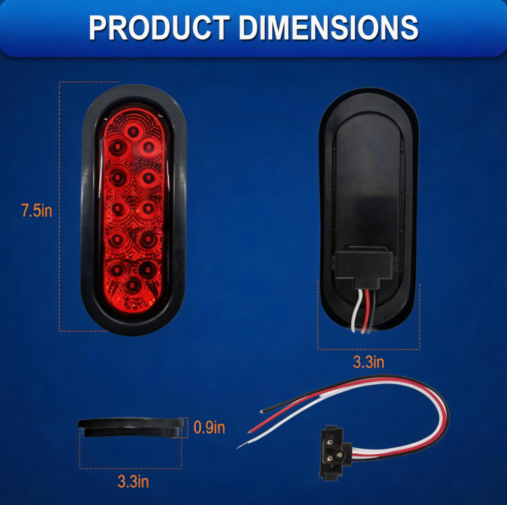 SAE DOT 6 Inch Waterproof LED Stop Tail Turn Light 12V Oval Trailer Truck Rear Lamp for RV, Boat, Utility Vehicles