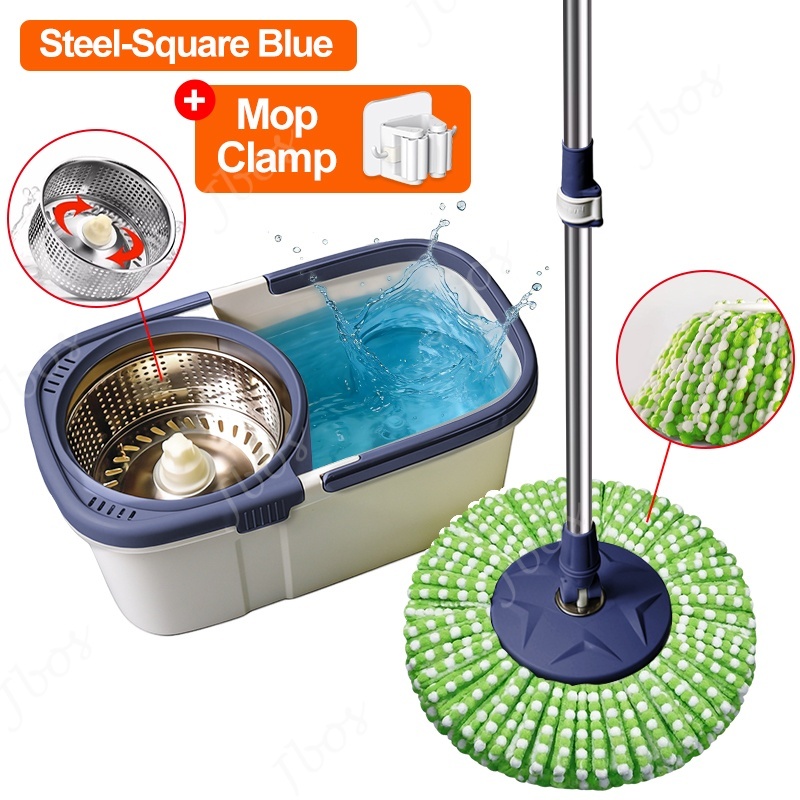 Mop With Spinner Metal Stainless steel bucket 360 Easy Rotating with drain cap Dual Drive Microfiber
