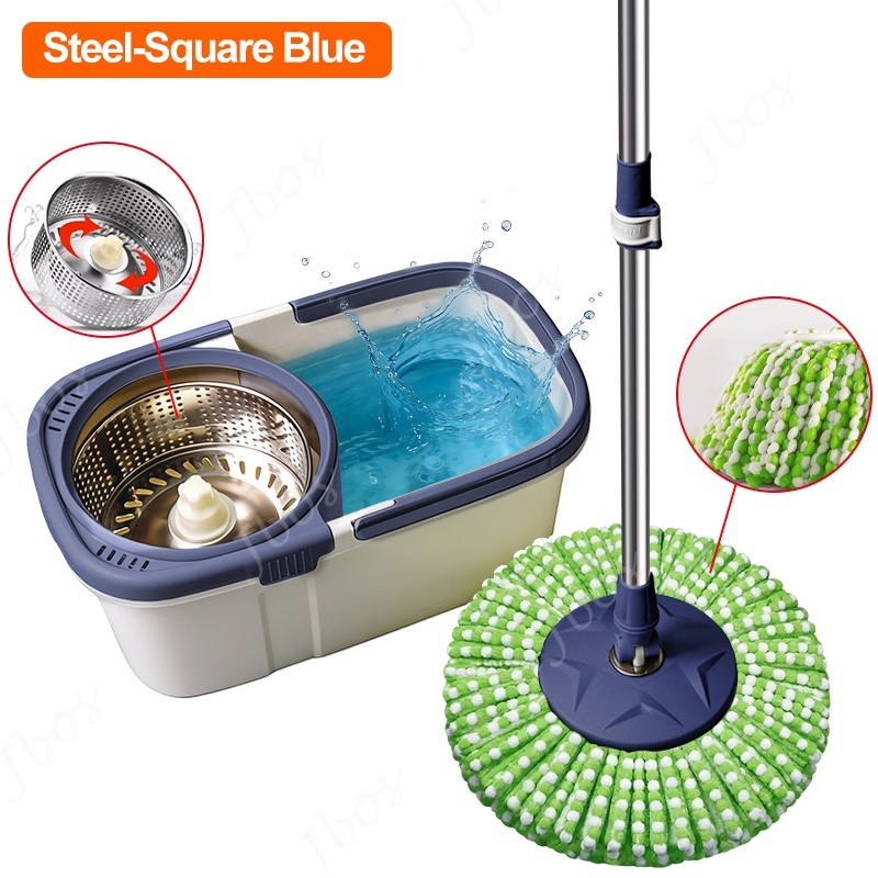 Mop With Spinner Metal Stainless steel bucket 360 Easy Rotating with drain cap Dual Drive Microfiber