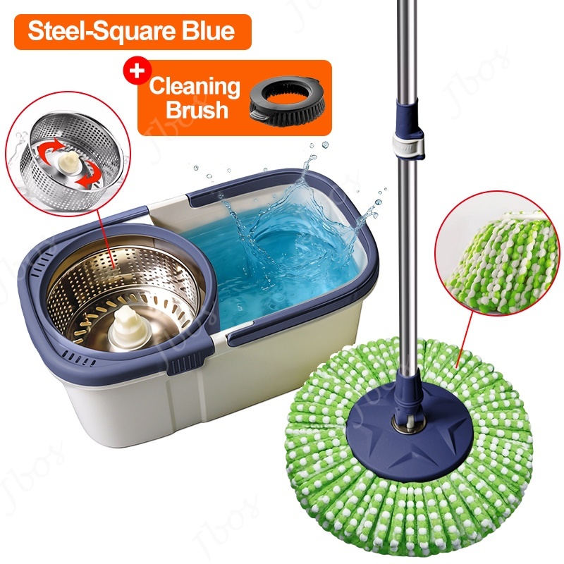 Mop With Spinner Metal Stainless steel bucket 360 Easy Rotating with drain cap Dual Drive Microfiber