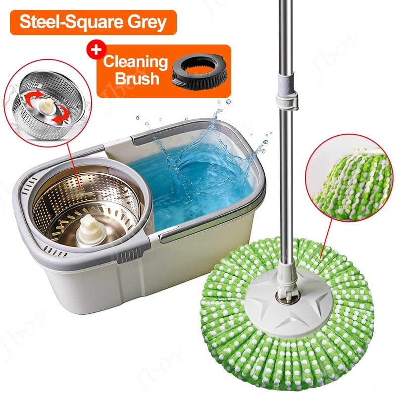 Mop With Spinner Metal Stainless steel bucket 360 Easy Rotating with drain cap Dual Drive Microfiber