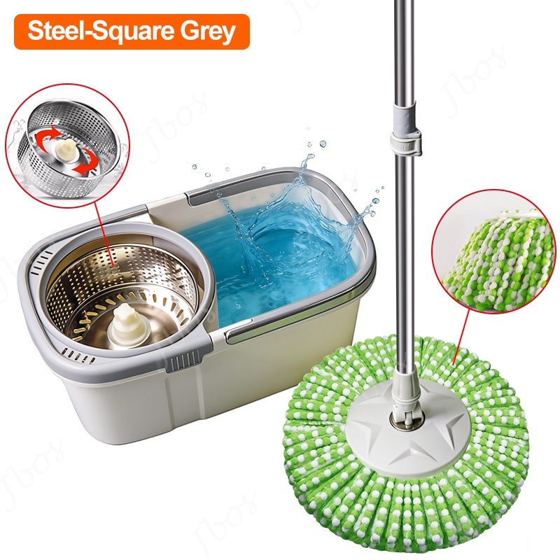 Mop With Spinner Metal Stainless steel bucket 360 Easy Rotating with drain cap Dual Drive Microfiber