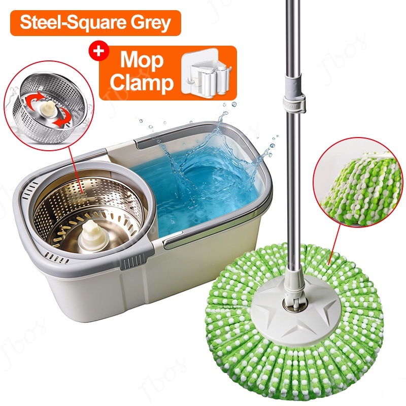 Mop With Spinner Metal Stainless steel bucket 360 Easy Rotating with drain cap Dual Drive Microfiber
