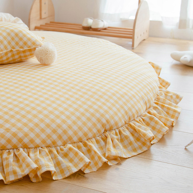 Korean-Style Floor Mat 100% Cotton Plaid Home Thickened Carpet Children's Room Princess Bedside Rug Removable Washable Round Mat hbdd-35