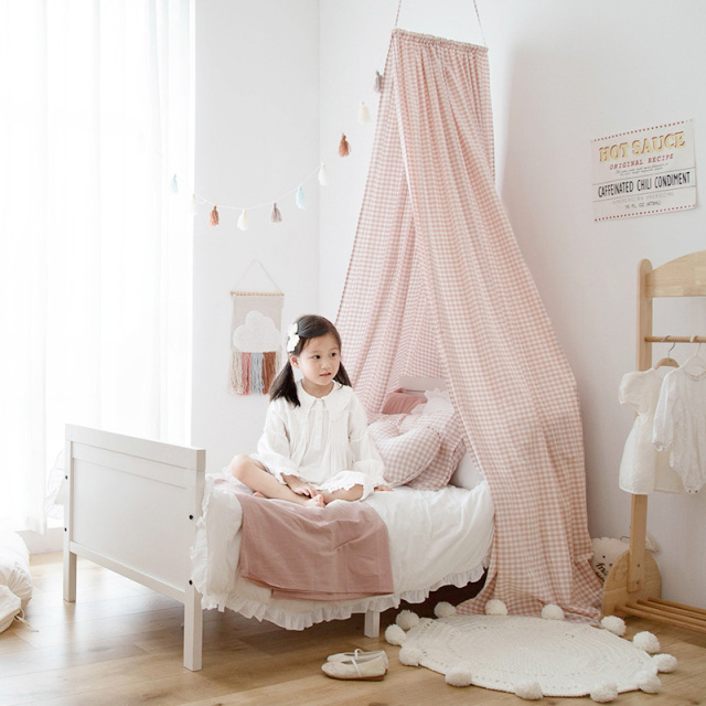 Bed Canopy for Children's Room - Home Decor Curtain Pure Cotton Checkered Bedhead Light-Blocking Sheer Canopy No Installation Required - Ceiling-Mounted Tent Model: MZ-63