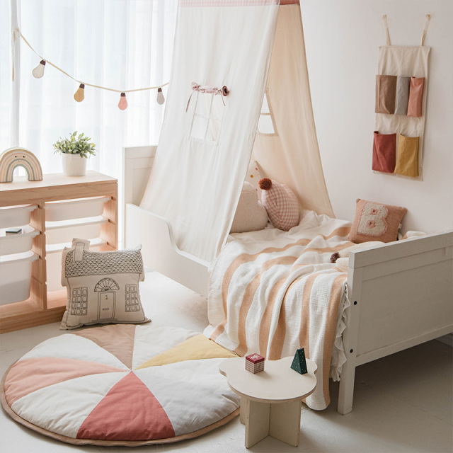 Round Floor Mat for Kids' Room Bedside Pad Reading Area Study Tent Mat Creative Color-Blocked 100% Cotton Thickened Pad lrfcyxdd-01