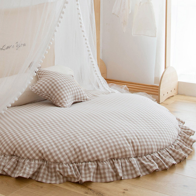 Korean-Style Floor Mat 100% Cotton Plaid Home Thickened Carpet Children's Room Princess Bedside Rug Removable Washable Round Mat hbdd-35