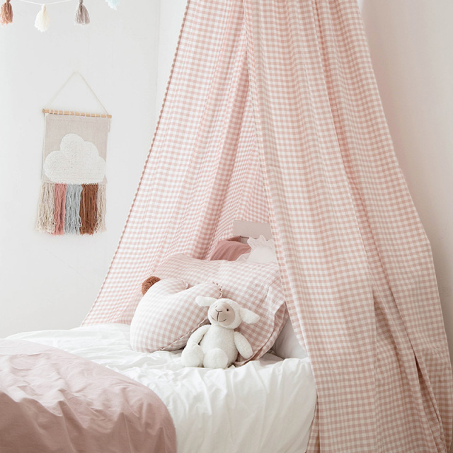Bed Canopy for Children's Room - Home Decor Curtain Pure Cotton Checkered Bedhead Light-Blocking Sheer Canopy No Installation Required - Ceiling-Mounted Tent Model: MZ-63