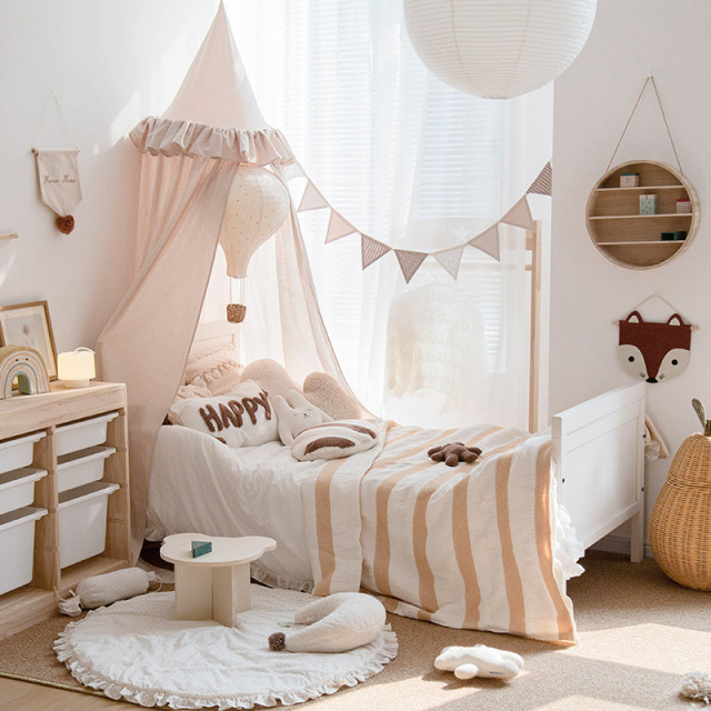 Canopy Bed Curtain for Children's Room - Decorative Canopy for Headboard Home Use Dome-Shaped Ceiling-Mounted Blackout Bed Curtain Pure Cotton Small Checkered Fabric Hanging Canopy Model: cm-15