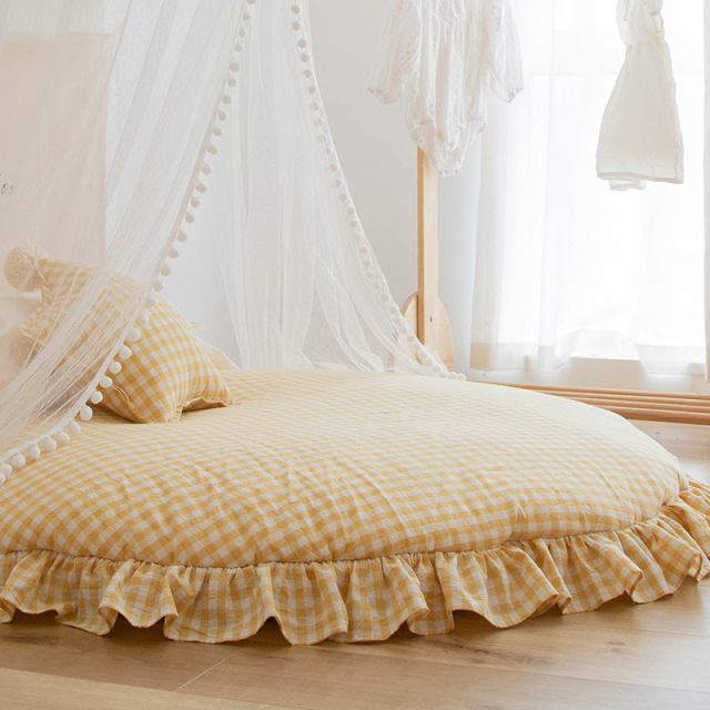 Korean-Style Floor Mat 100% Cotton Plaid Home Thickened Carpet Children's Room Princess Bedside Rug Removable Washable Round Mat hbdd-35