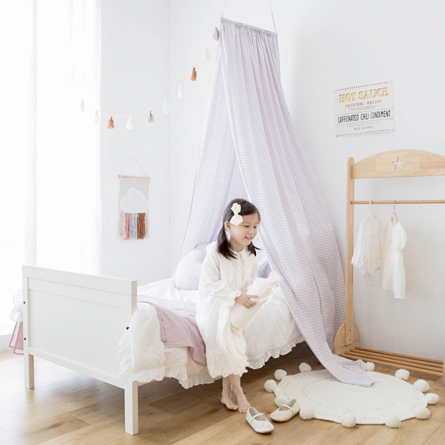 Bed Canopy for Children's Room - Home Decor Curtain Pure Cotton Checkered Bedhead Light-Blocking Sheer Canopy No Installation Required - Ceiling-Mounted Tent Model: MZ-63