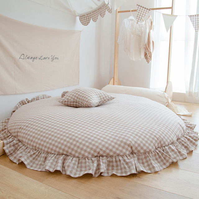 Korean-Style Floor Mat 100% Cotton Plaid Home Thickened Carpet Children's Room Princess Bedside Rug Removable Washable Round Mat hbdd-35