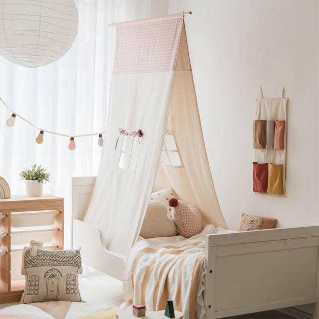 Tent-Style Color-Block Children's Bed Decor Ceiling-Mounted Canopy Bedding Headboard Canopy with Cotton-Linen Drapes Home Bedroom Hanging Canopy Playhouse lppszp-03