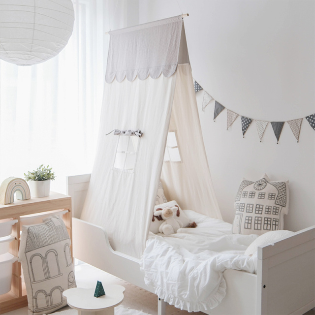 Tent-Style Color-Block Children's Bed Decor Ceiling-Mounted Canopy Bedding Headboard Canopy with Cotton-Linen Drapes Home Bedroom Hanging Canopy Playhouse lppszp-03