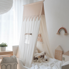 Tent-Style Color-Block Children's Bed Decor Ceiling-Mounted Canopy Bedding Headboard Canopy with Cotton-Linen Drapes Home Bedroom Hanging Canopy Playhouse lppszp-03