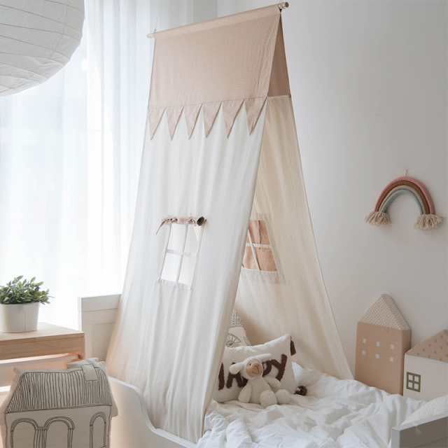 Tent-Style Color-Block Children's Bed Decor Ceiling-Mounted Canopy Bedding Headboard Canopy with Cotton-Linen Drapes Home Bedroom Hanging Canopy Playhouse lppszp-03