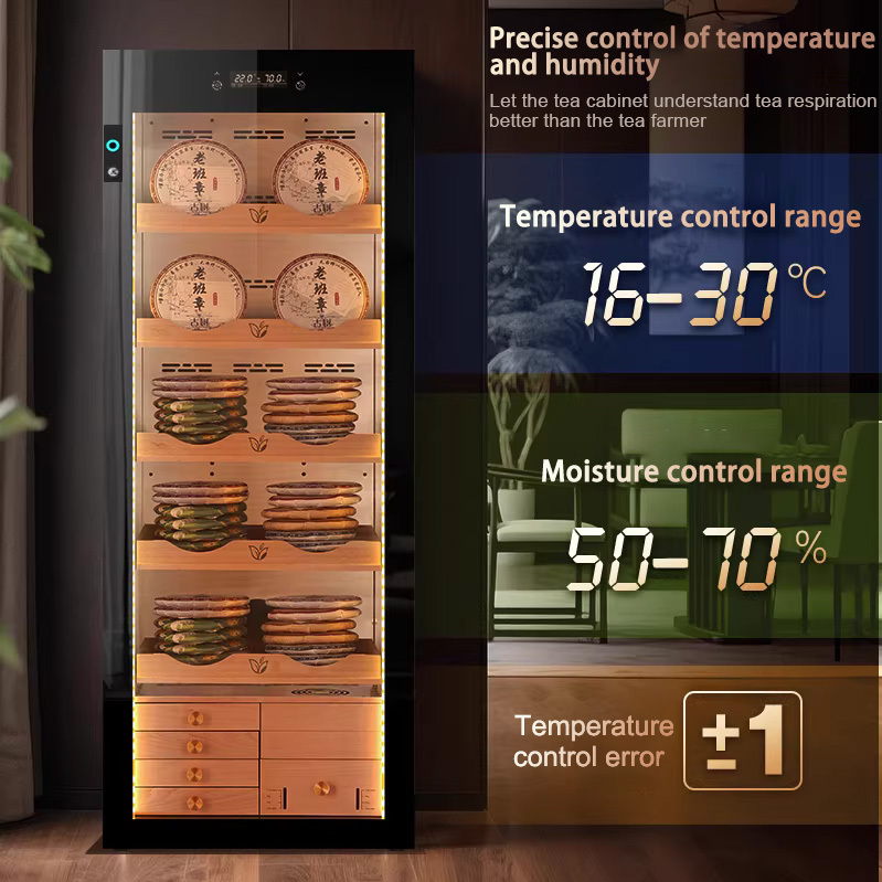 High quality electric tea cabinet constant temperature and humidity controlled tea preservation cabinet with beech wood shelves
