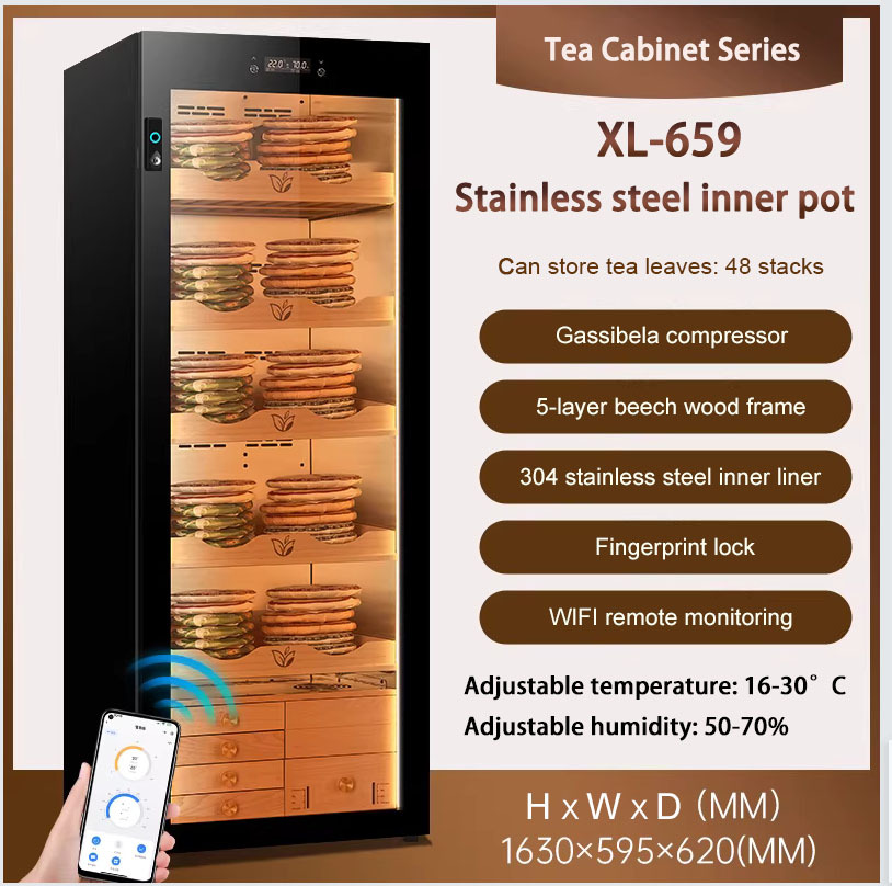 High quality electric tea cabinet constant temperature and humidity controlled tea preservation cabinet with beech wood shelves