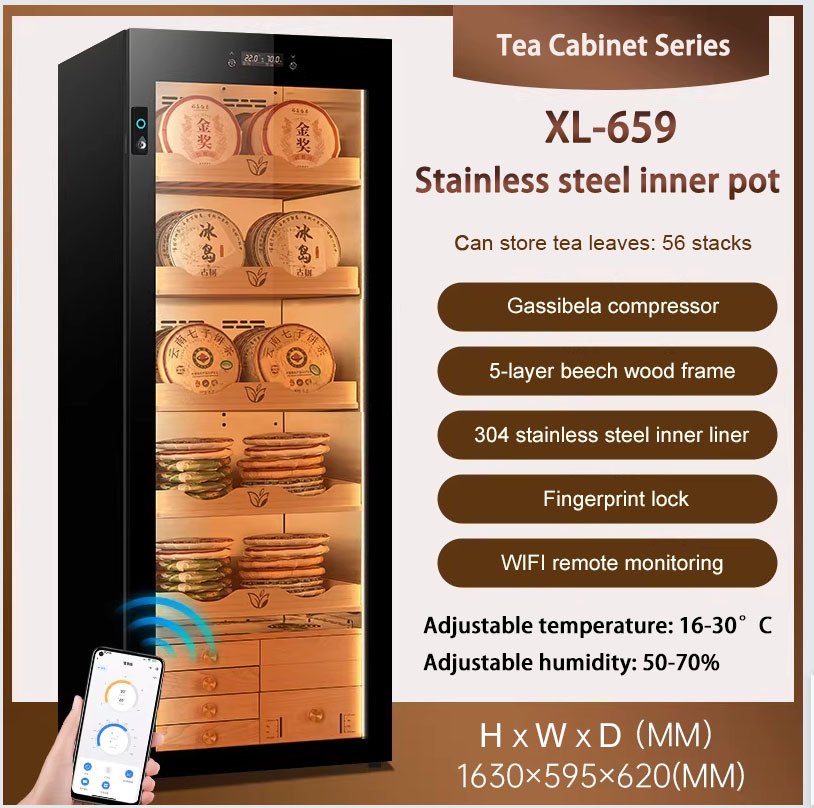 High quality electric tea cabinet constant temperature and humidity controlled tea preservation cabinet with beech wood shelves