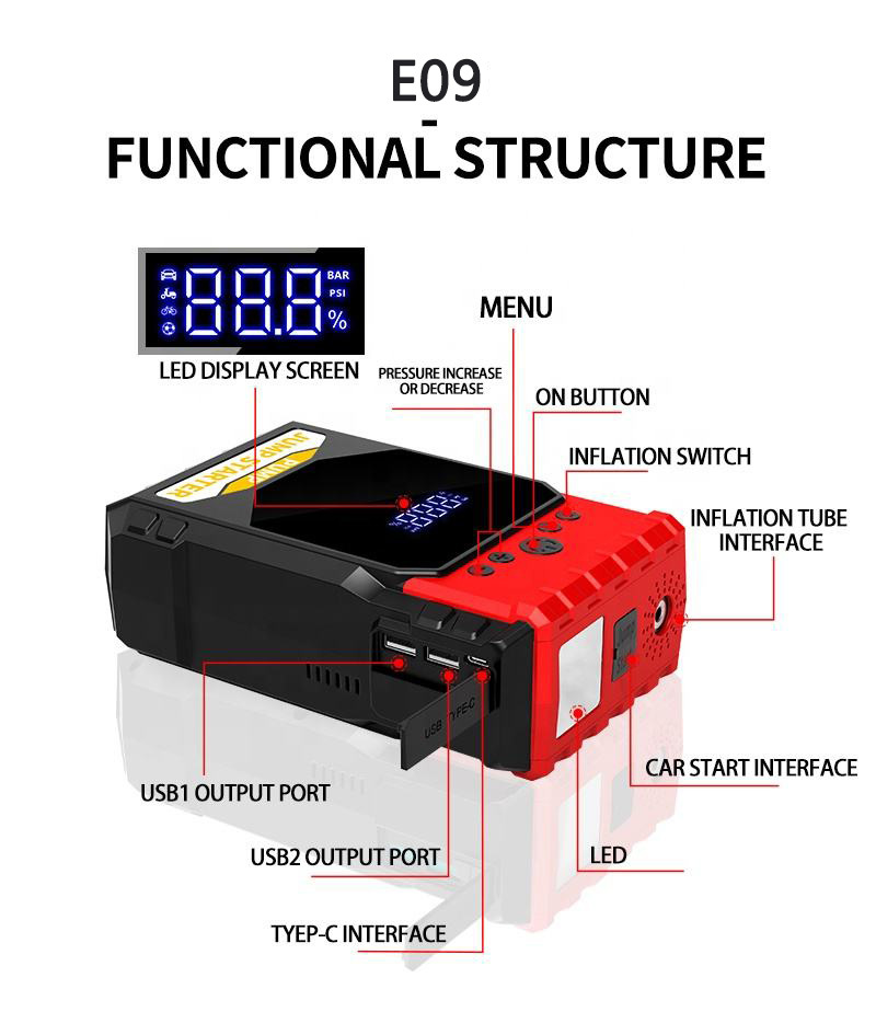 High Quality 4 in 1 Jump Starter air Compressor 12v Wired Charge Portable Jump Starter for Car