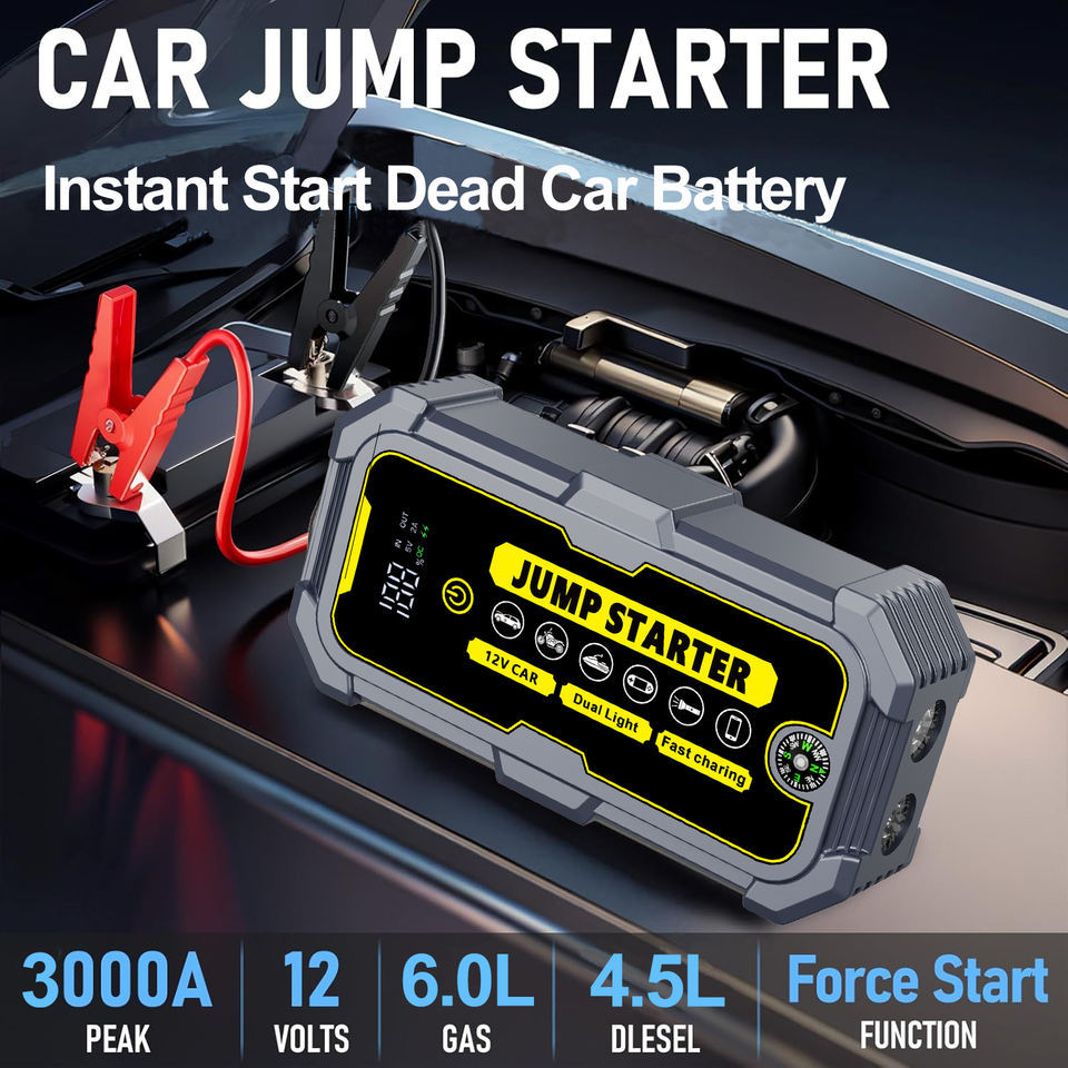 Multi-function 12V 6000mAh 1000A Phone Charging LCD Screen Portable Car & Truck Jump Starter Power Station with Light