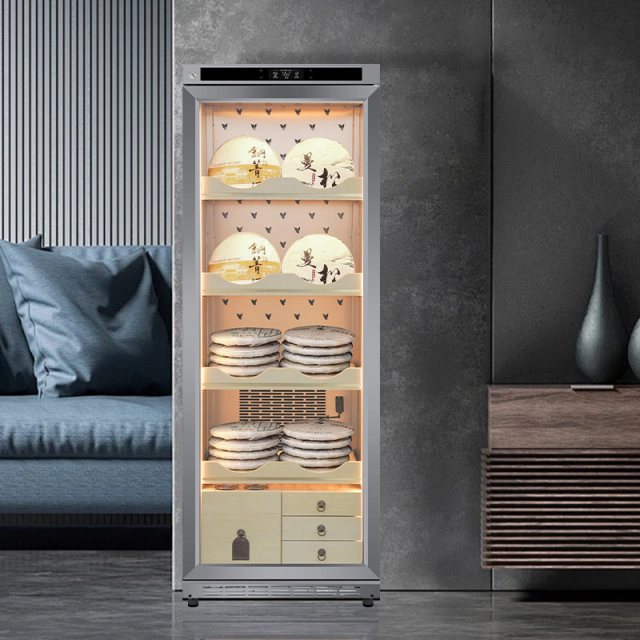 Stainless steel electric tea cabinet XL-BV590 for raw and ripe Pu erh tea, with constant temperature and humidity for preservation and moisture retention. Refrigerator display cabinet