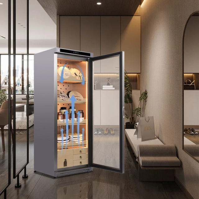 Stainless steel electric tea cabinet XL-BV590 for raw and ripe Pu erh tea, with constant temperature and humidity for preservation and moisture retention. Refrigerator display cabinet