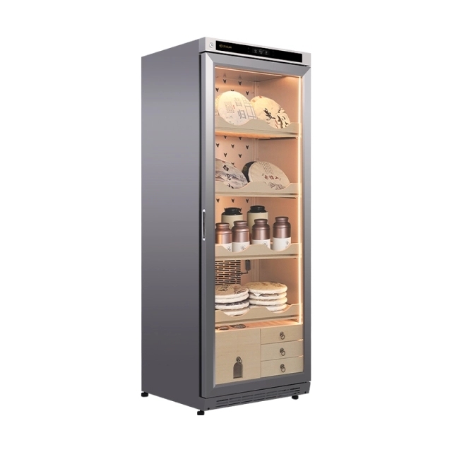 Stainless steel electric tea cabinet XL-BV590 for raw and ripe Pu erh tea, with constant temperature and humidity for preservation and moisture retention. Refrigerator display cabinet