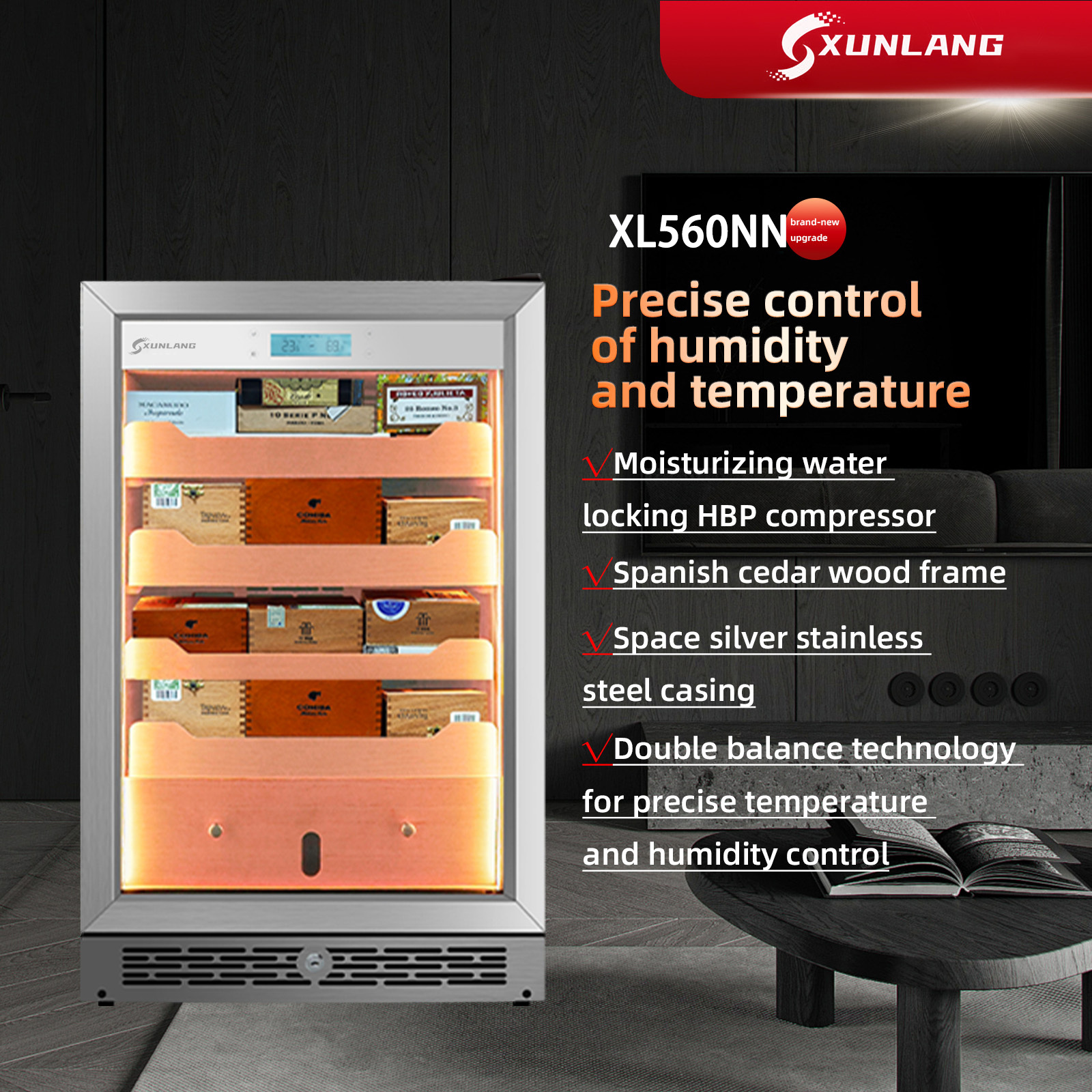 Updated 84L Electric Cigar Humidor Cabinet XL560NN Compressor Constant Temperature and Humidity Cedar Wood Home Cigar Box Moisturizing Cabinet