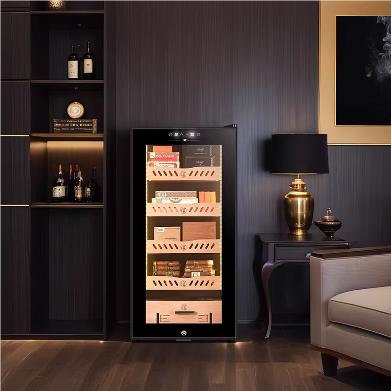 Stainless steel cigar humidor cigar cabinet with constant temperature and humidity control, pine inner liner, cigarette refrigeration compressor, air-cooled moisturizing WIFI with lock