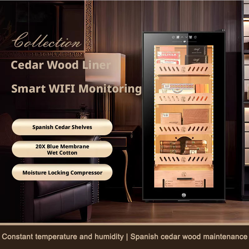 Stainless steel cigar humidor cigar cabinet with constant temperature and humidity control, pine inner liner, cigarette refrigeration compressor, air-cooled moisturizing WIFI with lock
