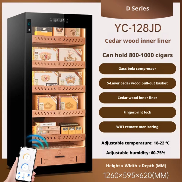 YC-128JD Cigar Cabinet Constant Temperature and Humidity Compressor Refrigeration Moisturizing Red Wine Display Cabinet Fingerprint Lock