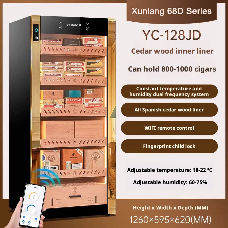YC-128JD Cigar Cabinet Constant Temperature and Humidity Compressor Refrigeration Moisturizing Red Wine Display Cabinet Fingerprint Lock