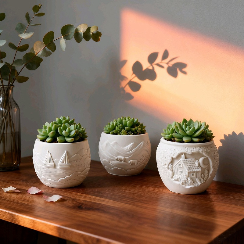 House Moon Sailboat Mountain Elements Flower Pot Silicone Mold DIY Gypsum Resin Epoxy Craftwork