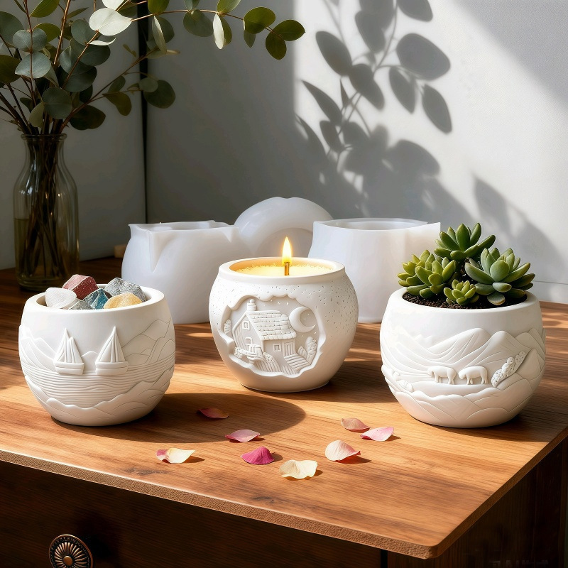 House Moon Sailboat Mountain Elements Flower Pot Silicone Mold DIY Gypsum Resin Epoxy Craftwork