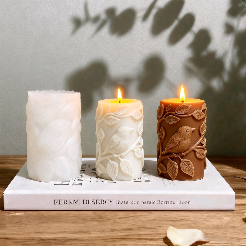 Cylinder-shaped Leaf & Bird Embossment Silicone Mold Aromatherapy Candle