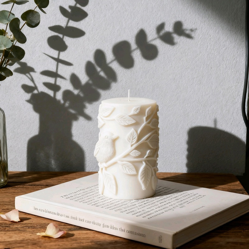 Cylinder-shaped Leaf & Bird Embossment Silicone Mold Aromatherapy Candle