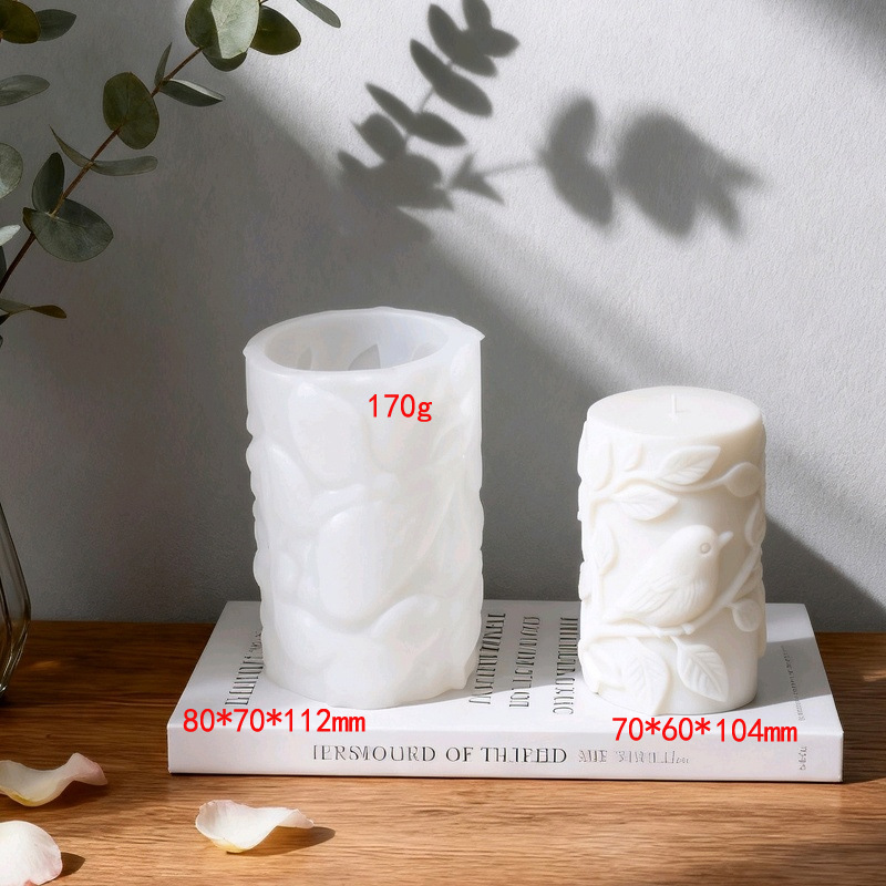 Cylinder-shaped Leaf & Bird Embossment Silicone Mold Aromatherapy Candle