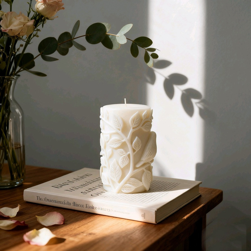 Cylinder-shaped Leaf & Bird Embossment Silicone Mold Aromatherapy Candle
