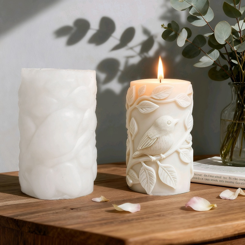 Cylinder-shaped Leaf & Bird Embossment Silicone Mold Aromatherapy Candle