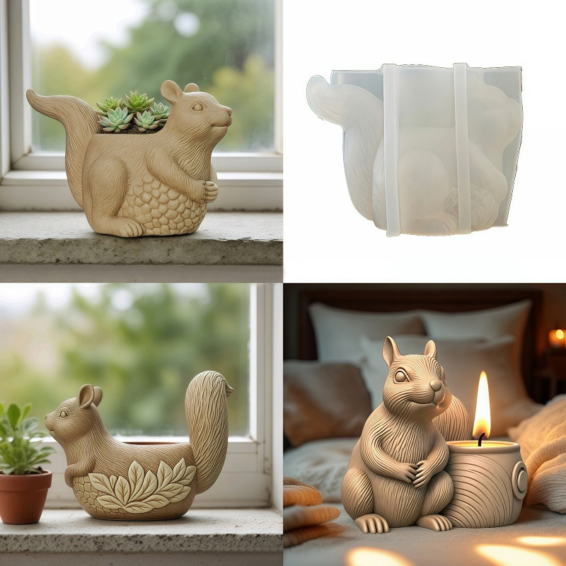 Squirrel Flower Pot Silicone Mold DIY Gypsum Resin Epoxy Craftwork