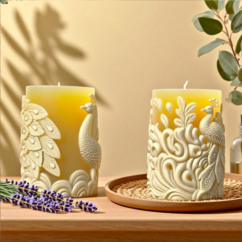 Cylinder-shaped Peacock Embossment Silicone Mold Aromatherapy Candle
