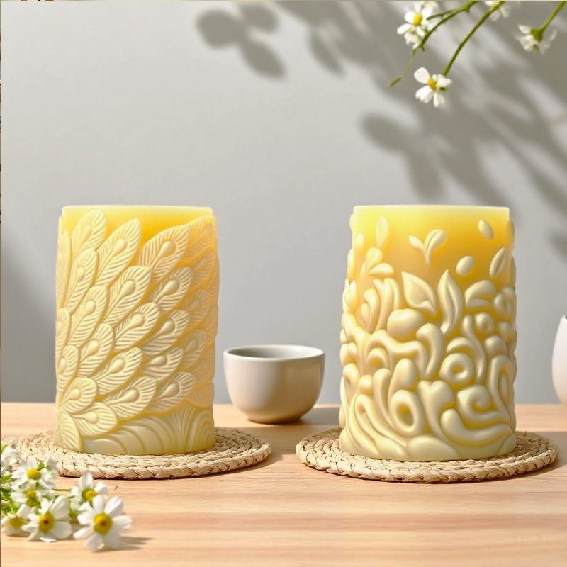 Cylinder-shaped Peacock Embossment Silicone Mold Aromatherapy Candle