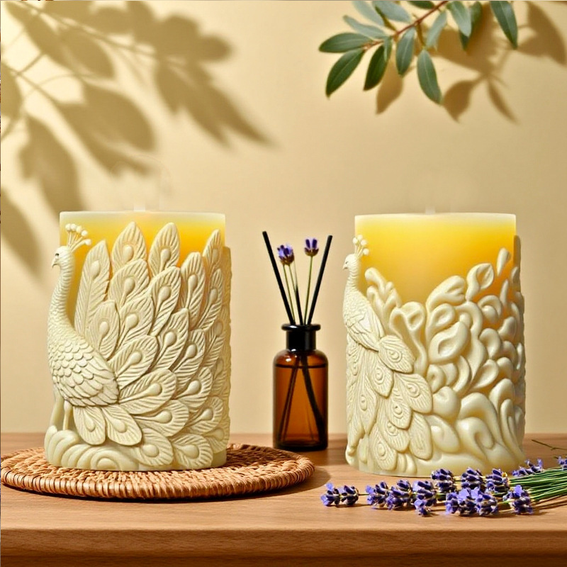 Cylinder-shaped Peacock Embossment Silicone Mold Aromatherapy Candle