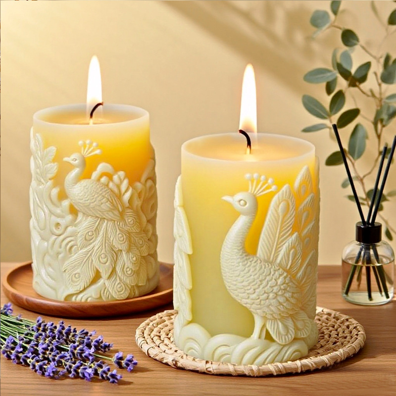 Cylinder-shaped Peacock Embossment Silicone Mold Aromatherapy Candle