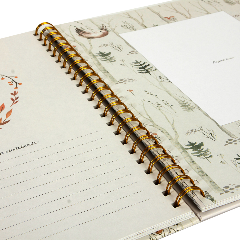 Cahier imprimé en usine, couverture rigide, reliure spirale