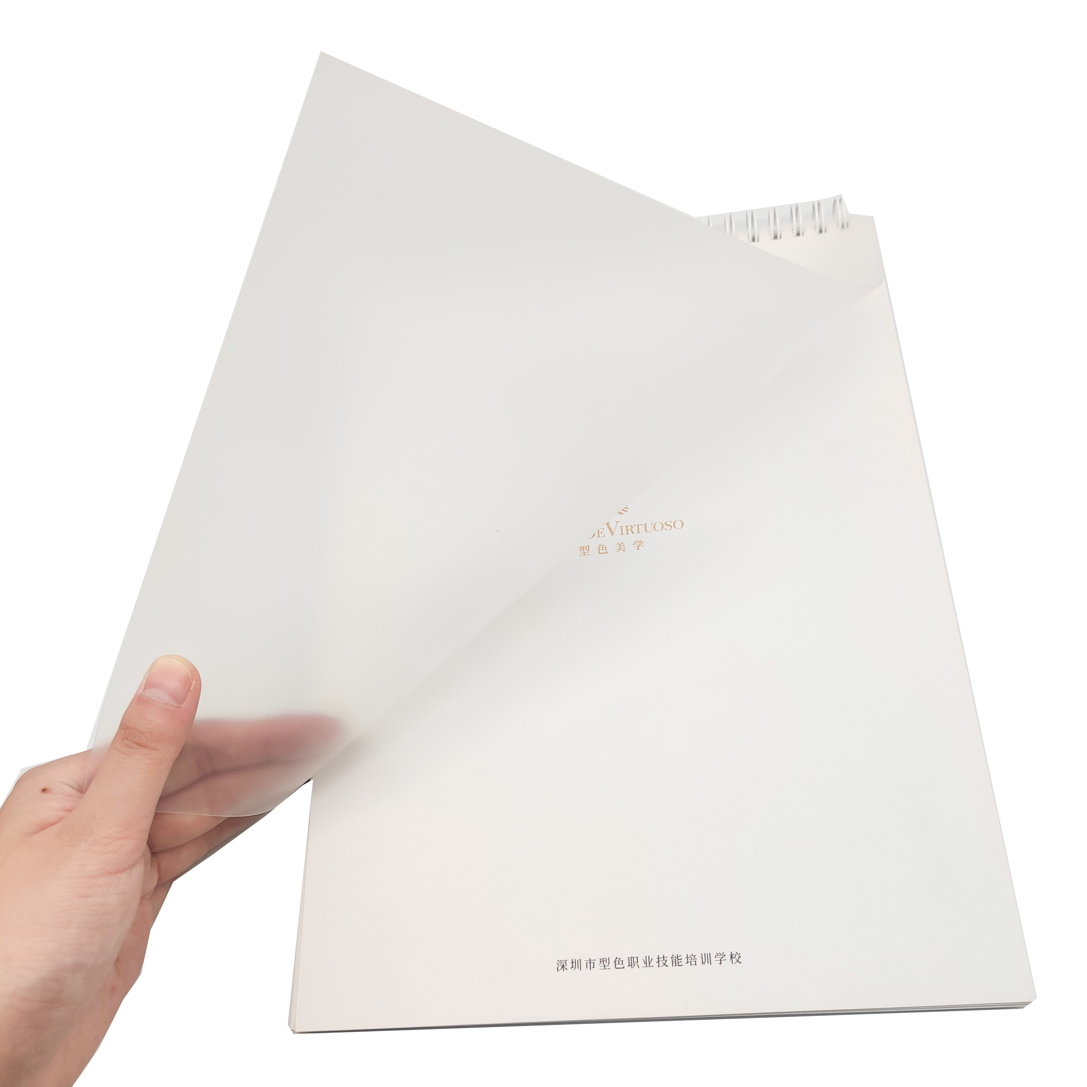 Carnet portable personnalisé à spirale métallique, reliure transparente en PVC imperméable avec papier kraft et papier d'art.